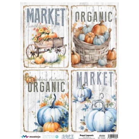 PAPEL ARROZ JAPONES  MONTEJO  A3 CALABAZA MARKET AZULES  DECOUPAGE