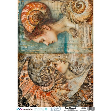 PAPEL ARROZ JAPONES  MONTEJO  A3 2 DAMAS  CARACOLAS FONDO SALMON DECOUPAGE