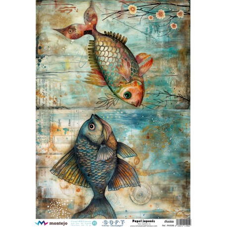PAPEL ARROZ JAPONES  MONTEJO  A3 PECES MARKET AZULES  DECOUPAGE