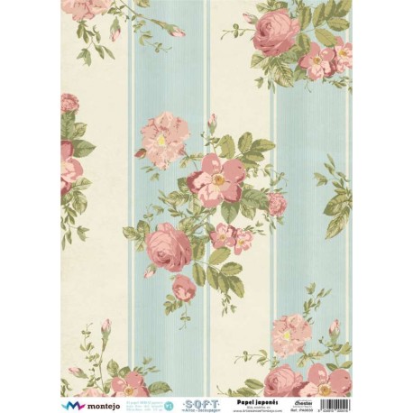 PAPEL ARROZ JAPONES  MONTEJO  A3 RAYAS AZULES CON FLORES DECOUPAGE