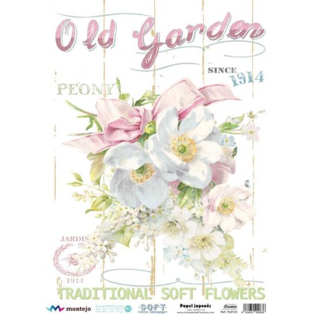 PAPEL ARROZ JAPONES  MONTEJO  A3   OLD GARDEN ROSA  PEONY DECOUPAGE