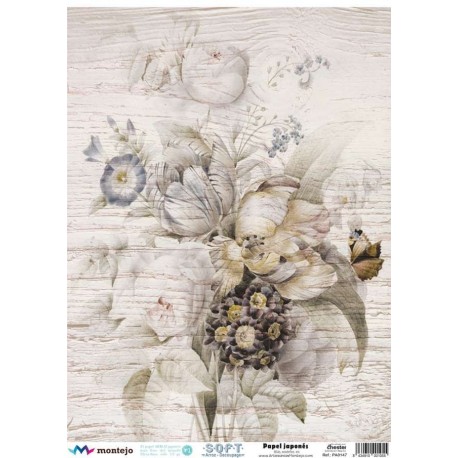 PAPEL ARROZ JAPONES  MONTEJO  A3 FLORES SOBRE TABLA DE MADERA DECOUPAGE