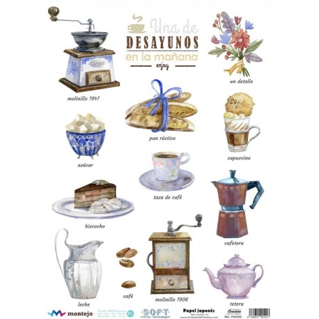 PAPEL ARROZ JAPONES  MONTEJO  A3COCINA TAZAS CAFETERAS DESAYUNOS   DECOUPAGE