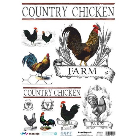 PAPEL ARROZ JAPONES  MONTEJO  A3  COUNTRY CHICKEN DECOUPAGE