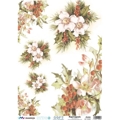 PAPEL ARROZ JAPONES  MONTEJO  A3  ACEBO NAVIDAD    DECOUPAGE