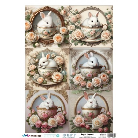 PAPEL ARROZ JAPONES  MONTEJO  A3  CONEJOS DE PASCUA 6 EN TAZA