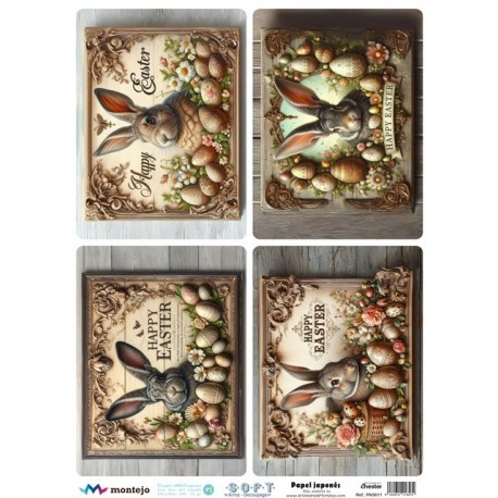 PAPEL ARROZ JAPONES  MONTEJO  A3   CONEJOS PASCUA  DECOUPAGE