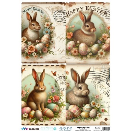 PAPEL ARROZ JAPONES  MONTEJO  A3  CONEJOS DE PASCUA HAPPY EASTER