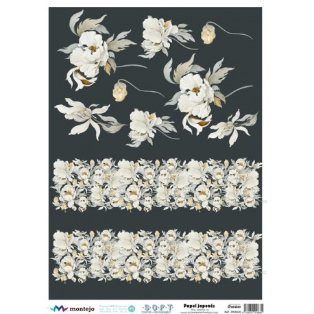 PAPEL ARROZ JAPONES  MONTEJO  A3   JARRONES  MAGNOLIAS NEGRA  Y CENEFA