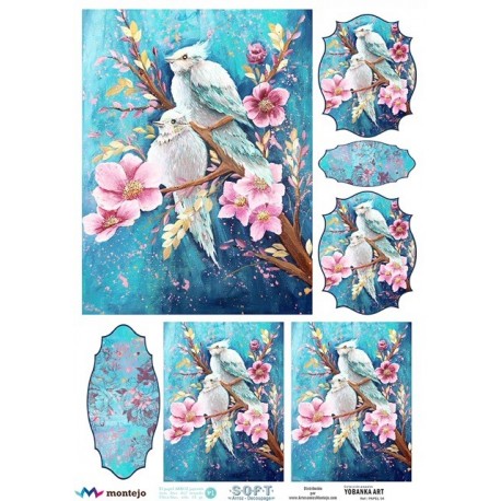 PAPEL ARROZ JAPONES  MONTEJO  A3 YOBANKA ART 4 PAJAROS DECOUPAGE