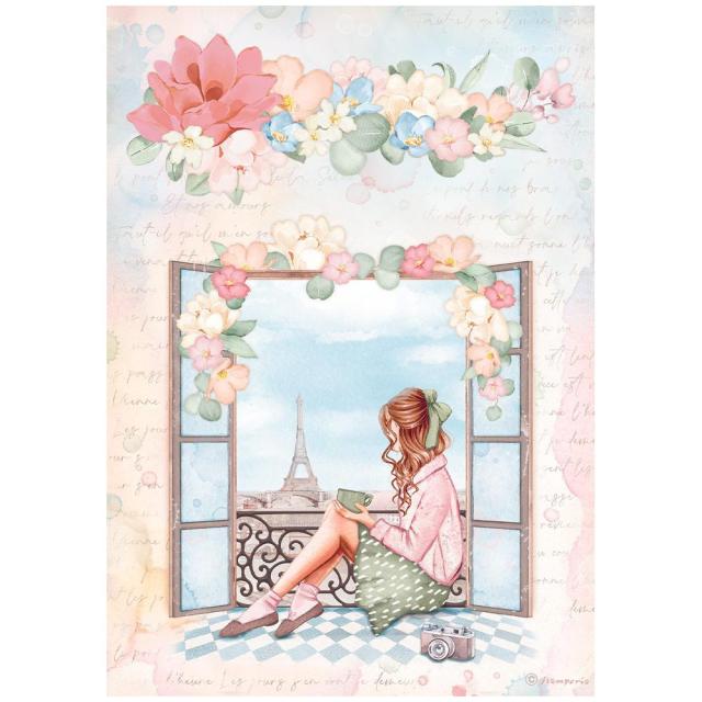 PAPEL ARROZ A4 CHICA EN LA VENTANA  STAMPERIE DFSA4759