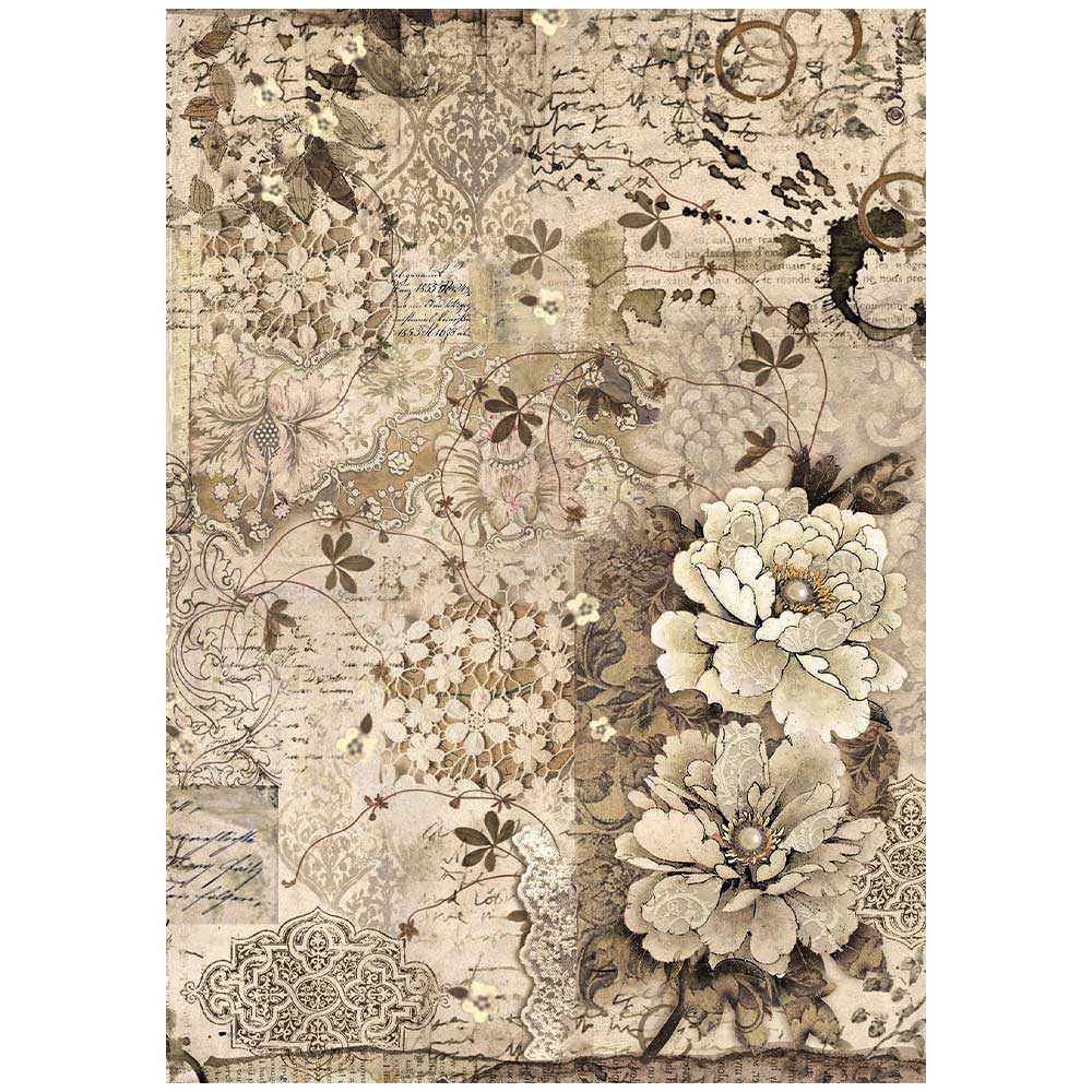 PAPEL ARROZ A4   FLORES  BEIGE  STAMPERIE DFSA4961
