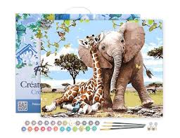 ELEFANTE Y JIRAFA  LIENZO CON BASTIDOR  PINTAR POR NUMEROS 40X50